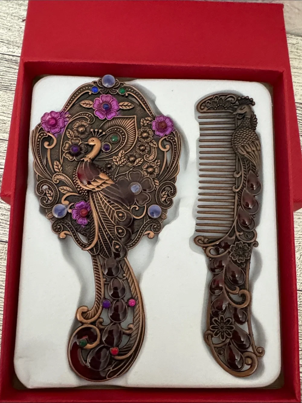 Peacock Design Bronze Finish Mirror & Comb Set NWOT
